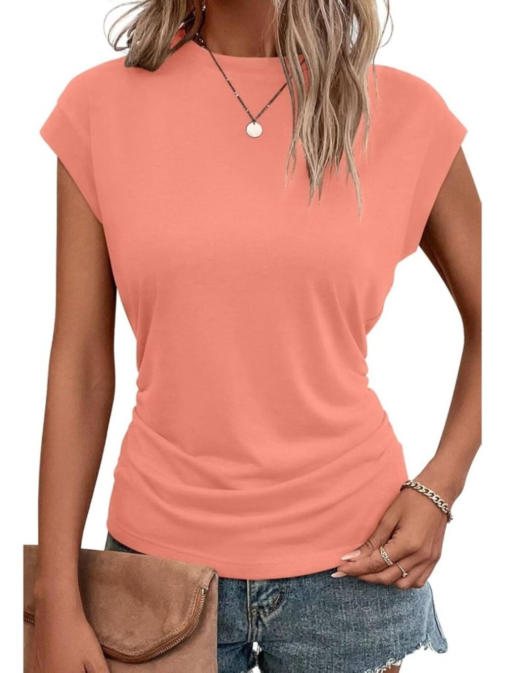 Women's Coral Short Sleeve Crew Neck Imported Outfits Tops Pull On T Shirts